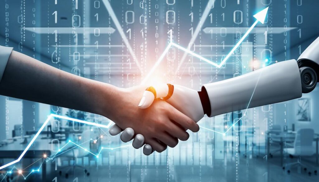 人間とAIが握手を交わし協力して未来を切り拓くパートナーシップを象徴するイメージ画像