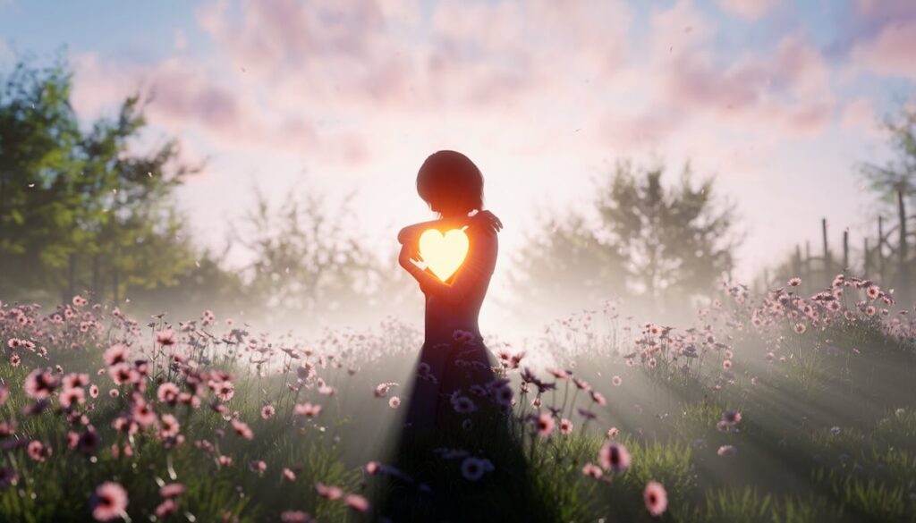 自己否定をやめてありのままの自分を受け入れ心を癒やすセルフコンパッションを象徴する温かい光のイメージ画像