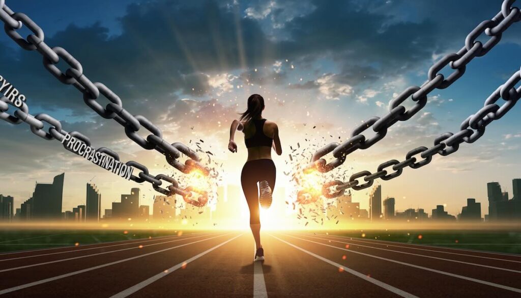 【2026年版】行動力を高める:明日からやろうを今すぐ変える先延ばしをなくす本5選 先延ばしの鎖を断ち切り行動力を爆発させて未来へ走り出す様子を象徴するイメージ画像