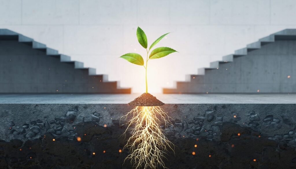 【2026年版】継続力:三日坊主を卒業する脳を味方につける本5選 困難な環境でも諦めずに成長し続ける継続力とやり抜く力を象徴する岩から芽吹く植物のイメージ画像