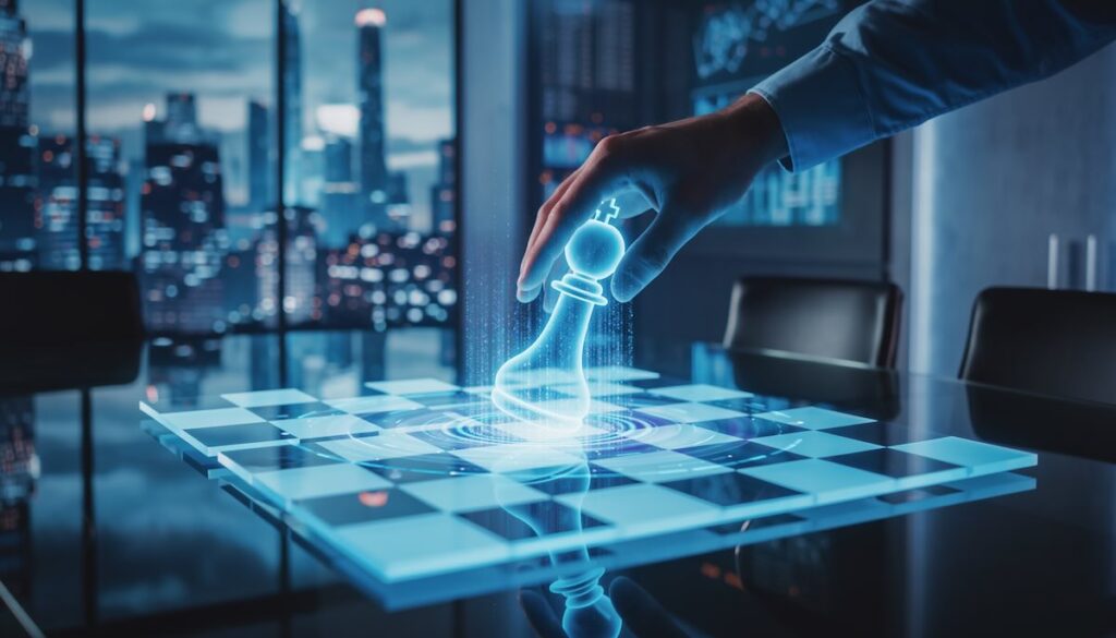 AIを導入してビジネスモデルを再構築し競争優位を築く経営戦略を象徴するチェス盤のイメージ画像