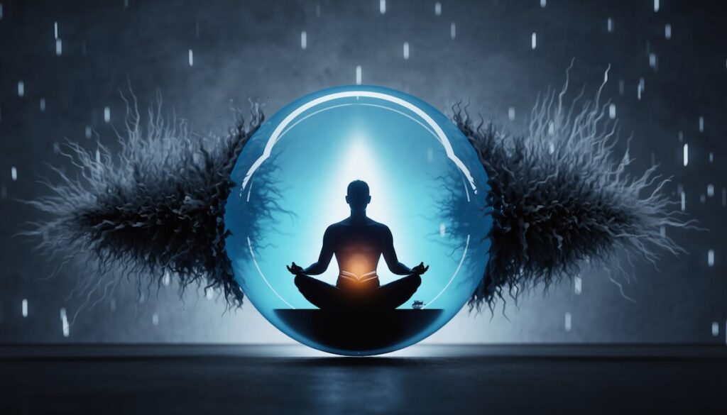 ストレス社会の中で自分の心を守るためのメンタルシールドとセルフケアを象徴するイメージ画像