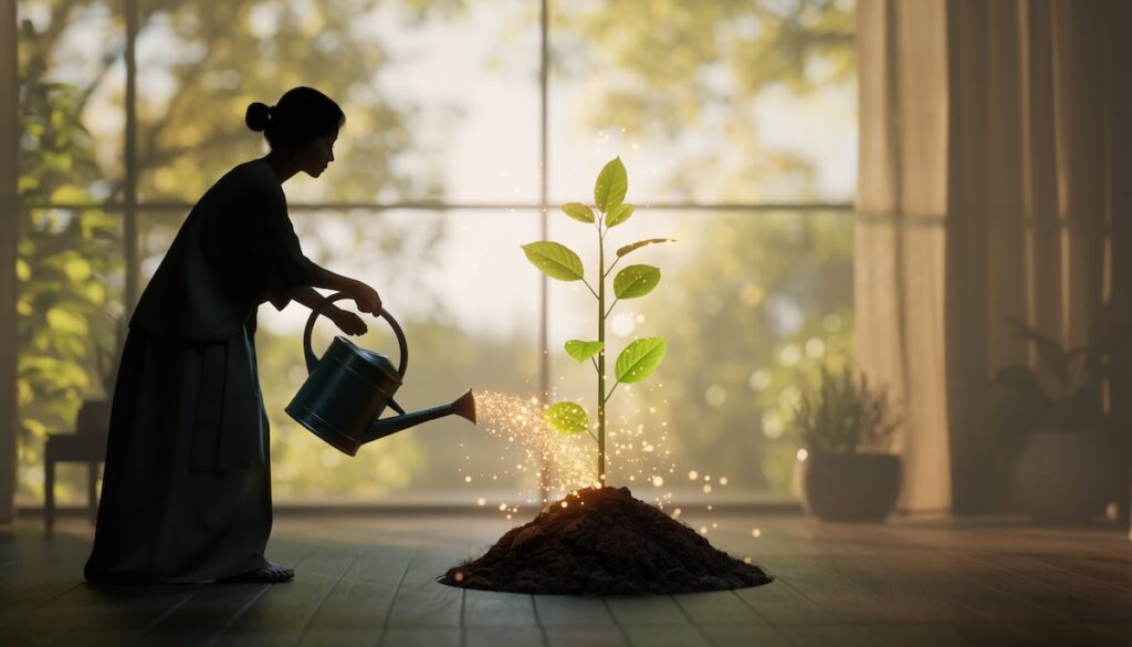 親のポジティブな言葉かけによって子供の自己肯定感が育まれる様子を象徴する水やりと植物のイメージ画像