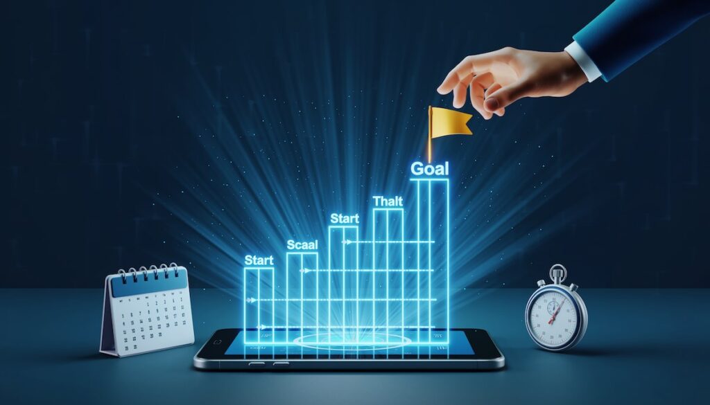 心理学と行動科学に基づいた目標達成のロードマップと成功へのプロセスを象徴するホログラムのイメージ画像