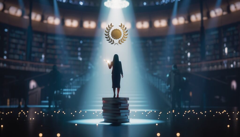 ブログやSNSでの信頼構築と専門家としてのパーソナルブランディングを象徴するスポットライトと書籍のイメージ画像