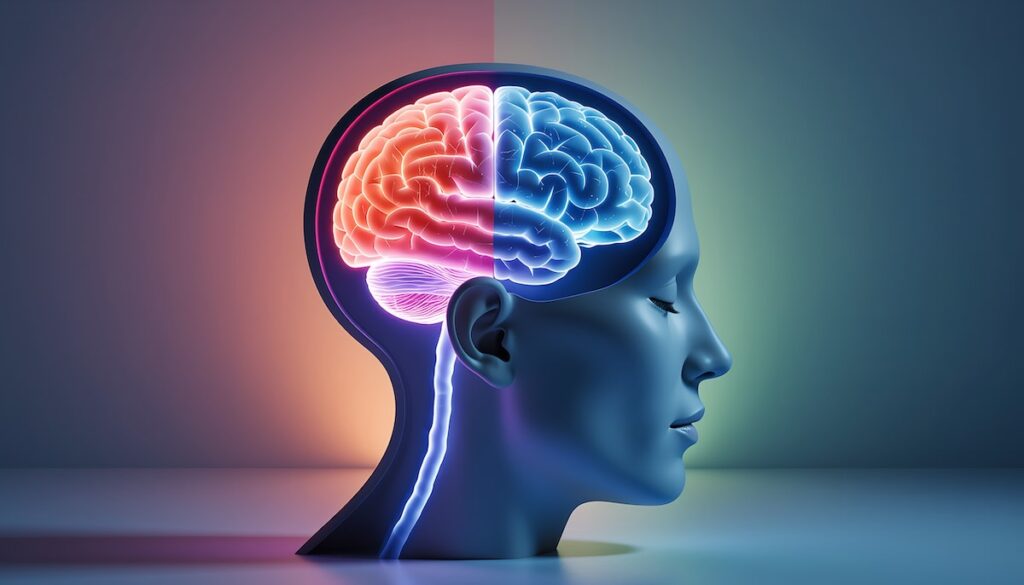 感情と理性のバランスをとり人間関係を円滑にする感情知性EQを象徴する脳とハートのイメージ画像