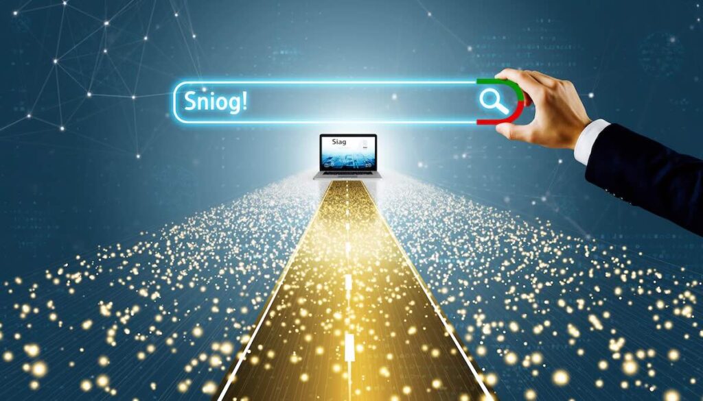 【2026年版】SEOライティング:ブログ収益化を加速する書く技術の本5選 検索エンジンから読者が集まりブログ収益化を加速させるSEOライティングの仕組みを象徴する検索バーと光の道のイメージ画像