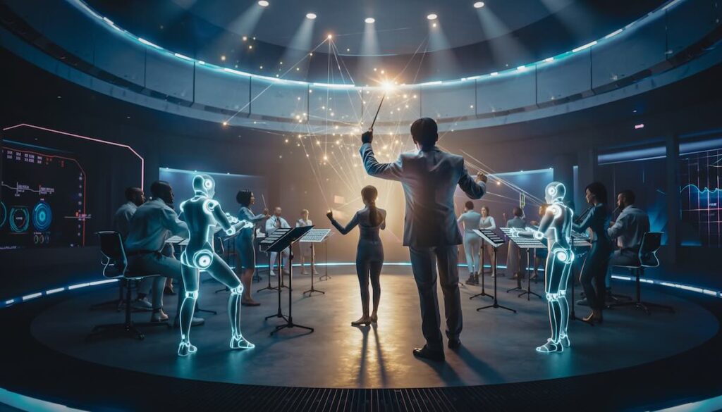 AIと人間が共存するチームを指揮しハーモニーを生み出す次世代リーダーシップを象徴するオーケストラのイメージ画像