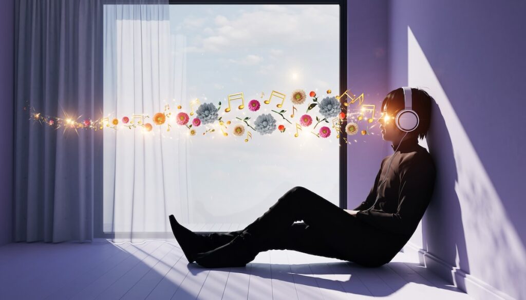 【2026年版】Audible戦略:聴くだけでメンタルが整う自己肯定感を高める本5選 オーディオブックを聴くことでネガティブな思考が消え自己肯定感が高まる様子を象徴するヘッドホンと光のイメージ画像