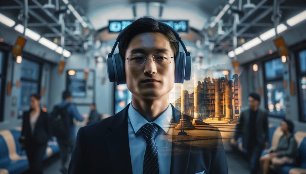 【2026年版】教養を聴く:通勤電車が大学に変わる歴史哲学の本5選 通勤中にオーディオブックを聴くことで電車内が学びの場に変わる様子を象徴するヘッドホンと知識のイメージ画像