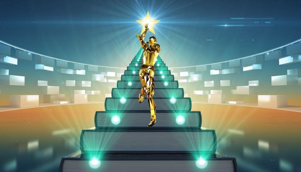 読書や学習を通じた自己投資によって市場価値を高め成功へと階段を登る様子を象徴するイメージ画像