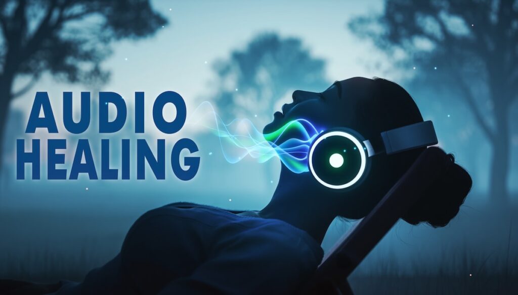 【2026年版】聴くリセット術:ストレス過多の脳を癒やす耳から心を整える本5選 オーディオブックを聴くことで脳のストレスをリセットし心を癒やす様子を象徴するヘッドホンと光の波のイメージ画像