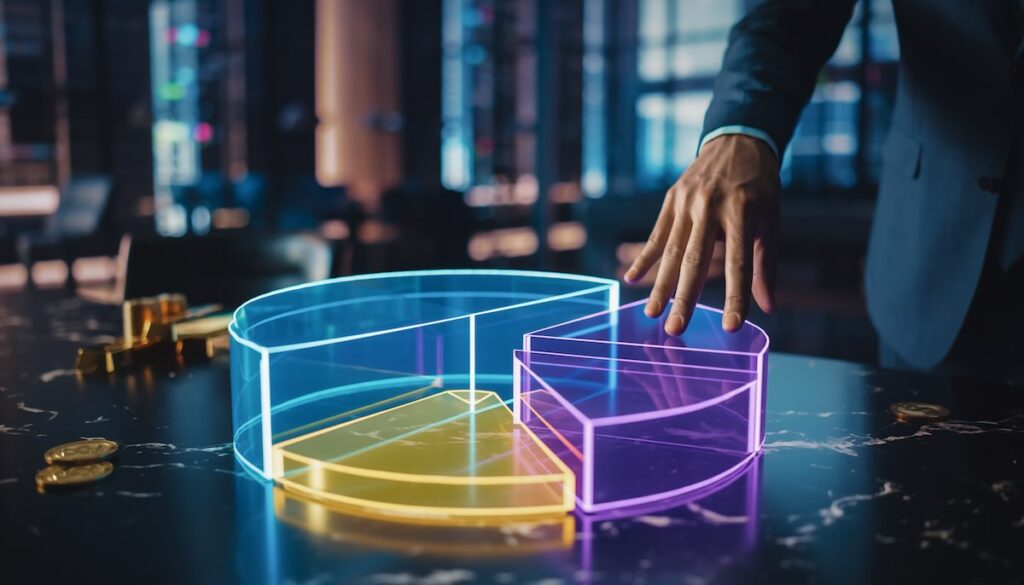 株や金やオプション取引などを組み合わせた富裕層の高度な資産分散とポートフォリオを象徴するイメージ画像