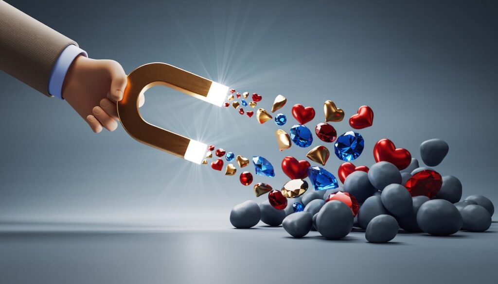 顧客心理を理解し売り込みなしで自然に顧客を引き寄せるセールスとマーケティングの磁力を象徴するイメージ画像