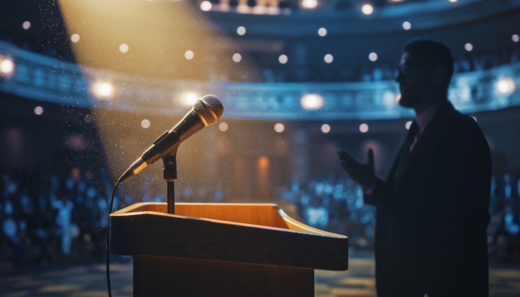 【2026年版】プレゼン・スピーチ:伝わるを超えて心を動かす話し方の本5選 聴衆の心を動かすプレゼンテーションとスピーチのステージのイメージ画像