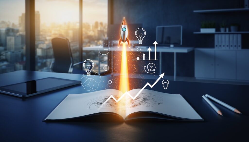 ビジネスの立ち上げと0から1への成長を象徴するロケット発射のイメージ画像