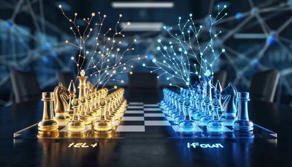 ゲーム理論と戦略的思考を象徴する、未来を予測するチェス盤とデジタルネットワークのイメージ画像