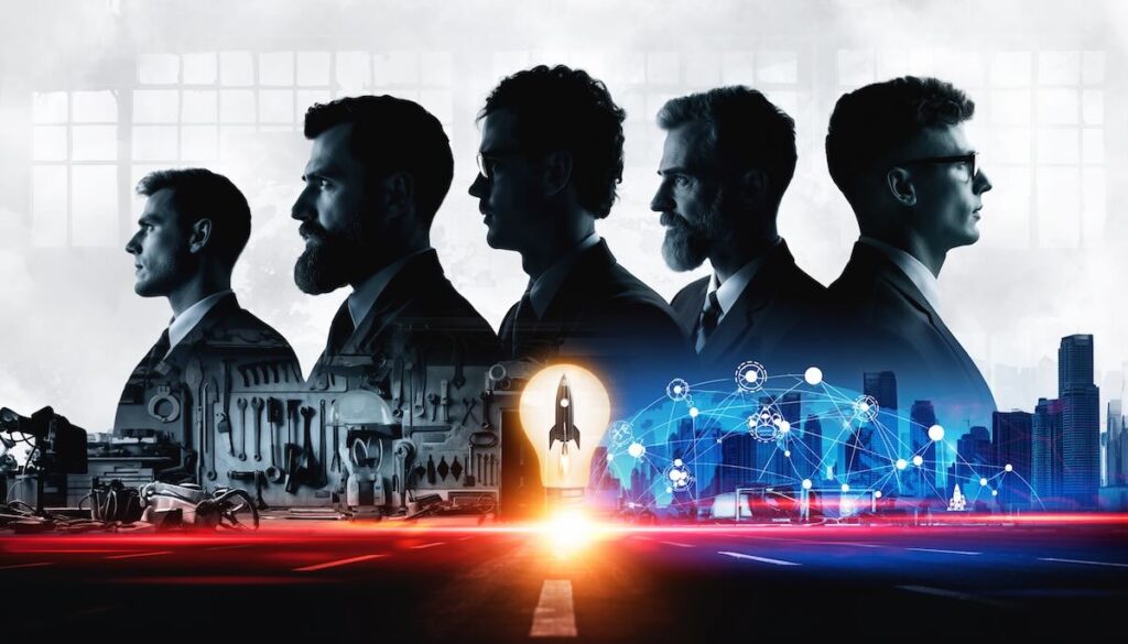 歴史を変えた起業家たちの情熱とビジョンを象徴するシルエットと未来のイメージ画像