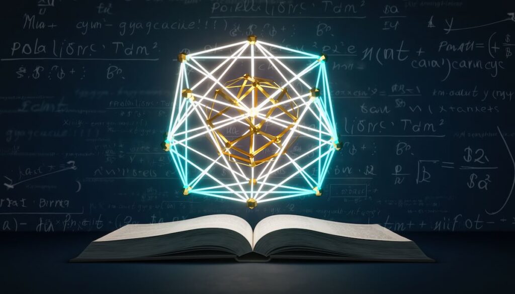 数学的思考と論理的な美しさを象徴する幾何学図形と数式のイメージ画像