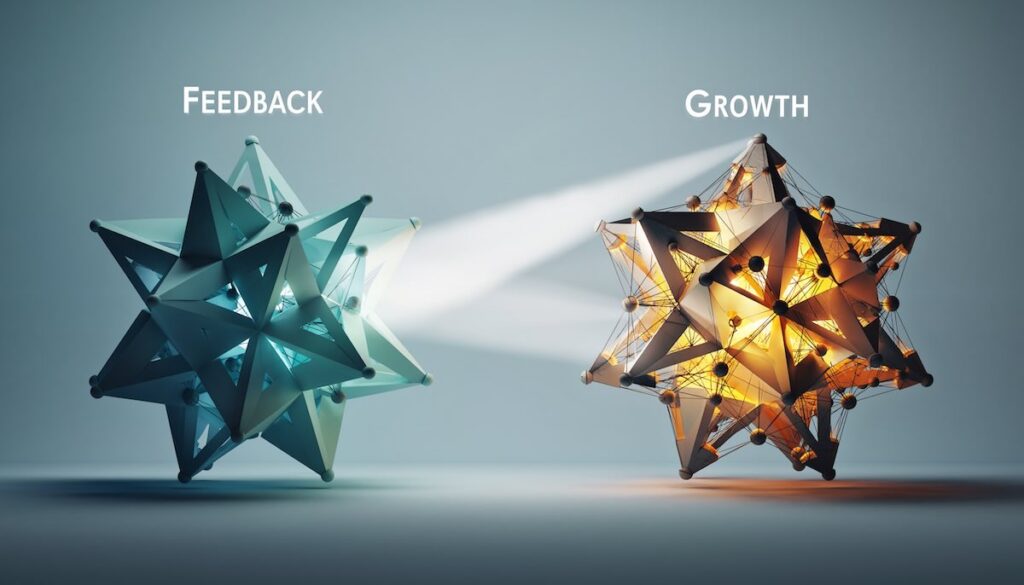 【2026年版】フィードバック・成長文化:耳の痛い話を成長に変える本5選 フィードバックを受け入れて成長するプロセスを象徴する光と幾何学図形のイメージ画像