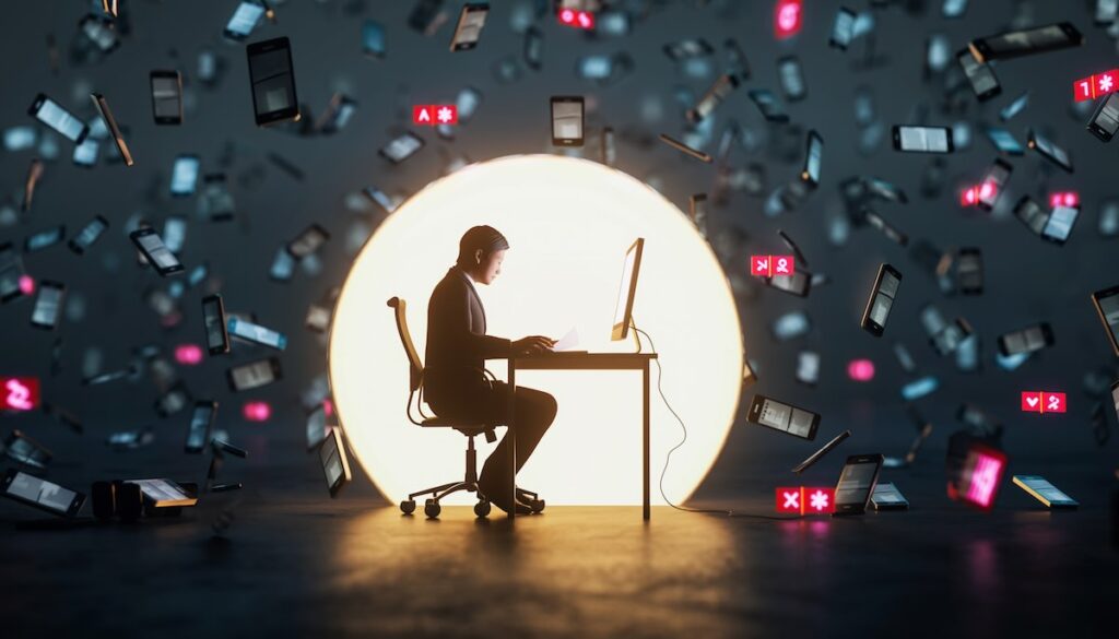 【2026年版】集中力・ディープワーク:深い集中を取り戻す本5選 デジタルノイズを遮断し深い集中(ディープワーク)に入っている状態を表現したイメージ画像