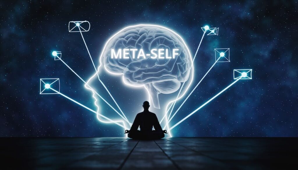 自分自身を客観的に観察するメタ認知と自己認識の能力を象徴する概念的なイメージ画像