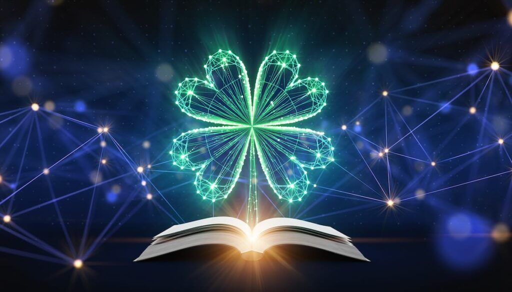 科学的なアプローチで運とチャンスを引き寄せるセレンディピティを象徴するデジタルな四つ葉のクローバーのイメージ画像