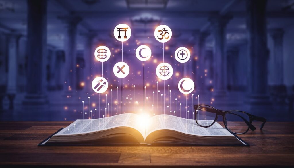 【2026年版】宗教・世界情勢:ニュースの裏側を読み解く教養の本5選 世界のニュースと文化を理解するための教養としての宗教を象徴するシンボルと書物のイメージ画像