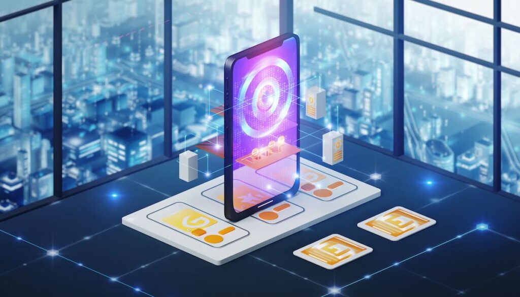 【2026年版】ノーコード開発:プログラミング不要で副業・起業する本5選 プログラミング不要でアプリを開発するノーコードの仕組みと創造性を表現したイメージ画像