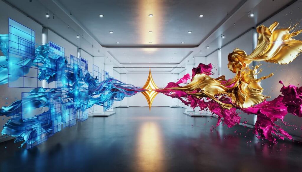 論理と感性の融合によるビジネスの新しい価値創造を象徴する幾何学とアートのイメージ画像