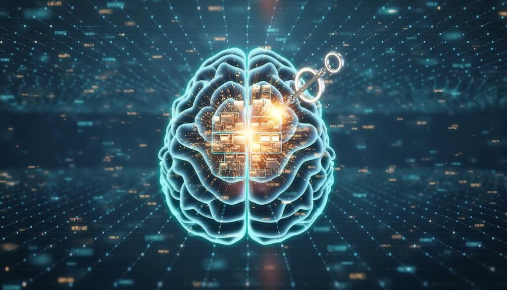 脳科学に基づいた記憶の定着と想起のメカニズムを象徴する光る脳のニューラルネットワークのイメージ画像