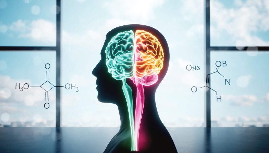 脳科学とデータに基づいた幸福のメカニズムとウェルビーイングを象徴する脳と光のイメージ画像