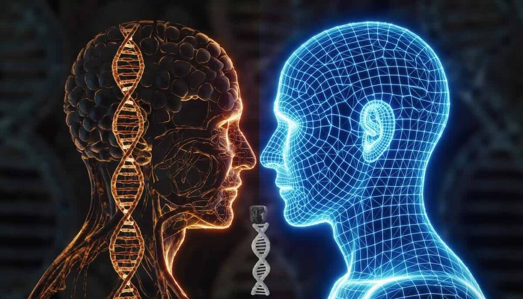 人間の本性と進化の過程を象徴するDNAと現代的シルエットの融合イメージ画像