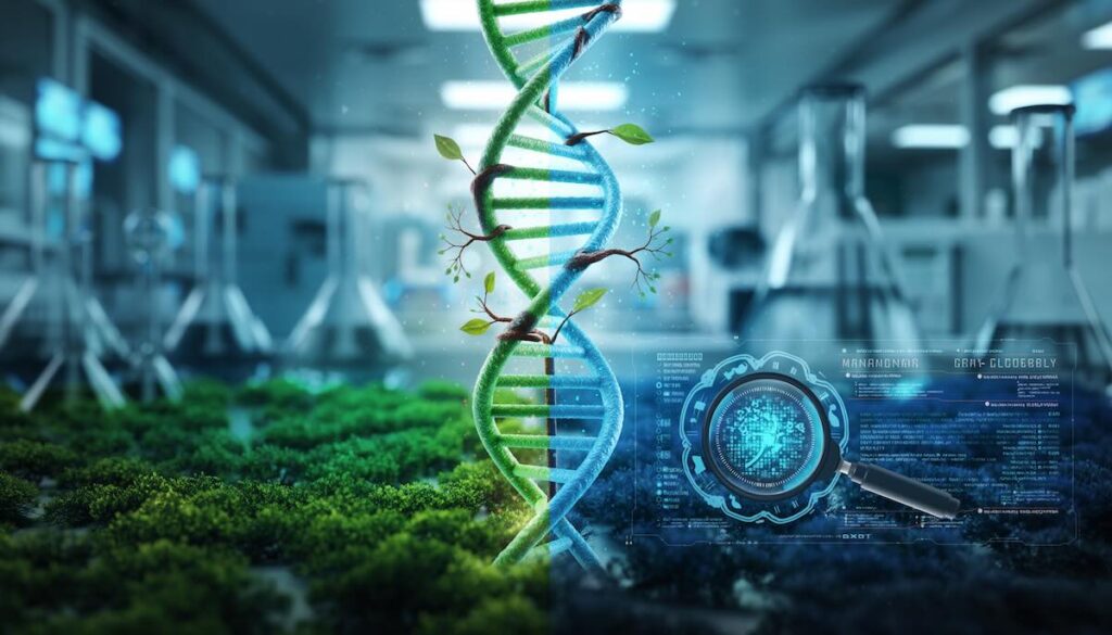 生命の進化と科学的な分析を象徴する光るDNAと自然の融合イメージ画像