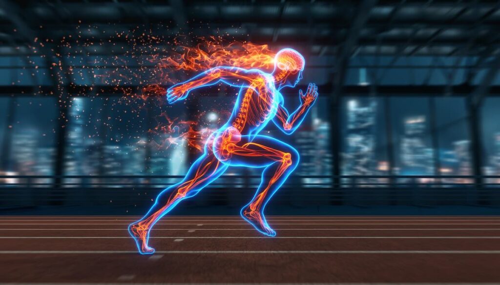 運動と筋トレによって脳が活性化しパフォーマンスが向上する様子を科学的に表現したイメージ画像