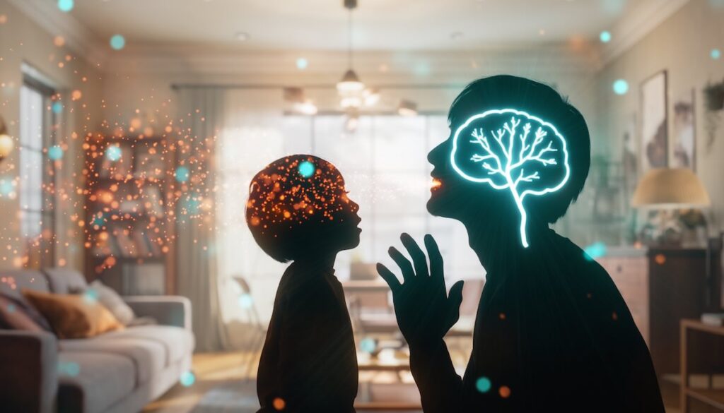 親の言葉がけが子どもの脳と心を育てる様子を光とシルエットで表現したイメージ画像