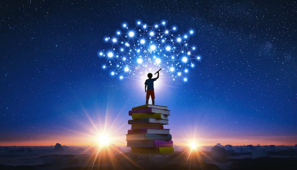 AI時代の未来を生き抜く子どもの可能性と創造性を象徴する光る知識の木と少年のイメージ画像