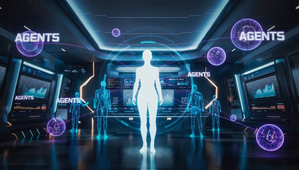 人間がAIエージェントを指揮し自律的に業務を遂行させる未来の働き方のイメージ画像