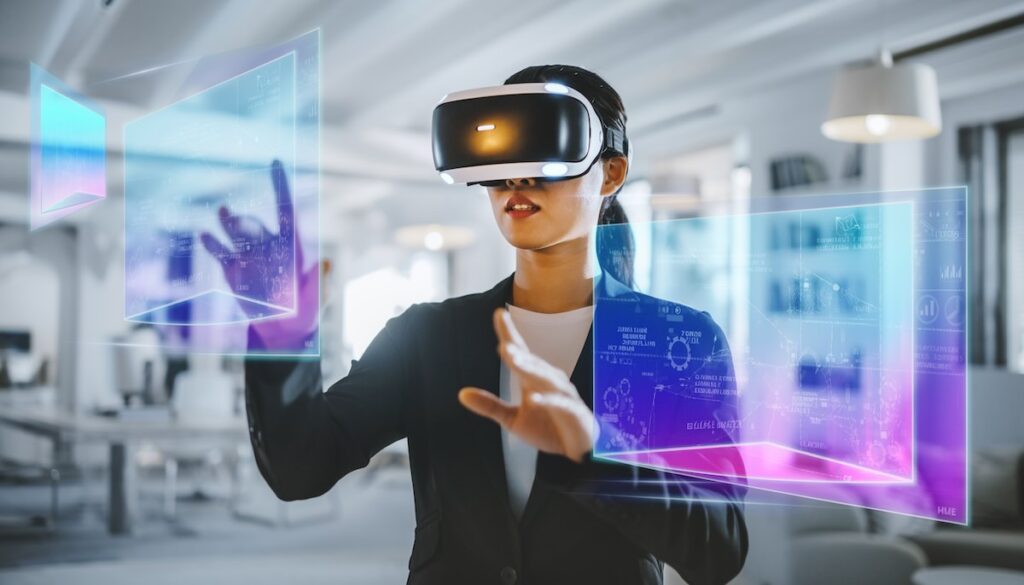 最新の空間コンピューティングデバイスで没入型ビジネス体験をする未来的なイメージ画像