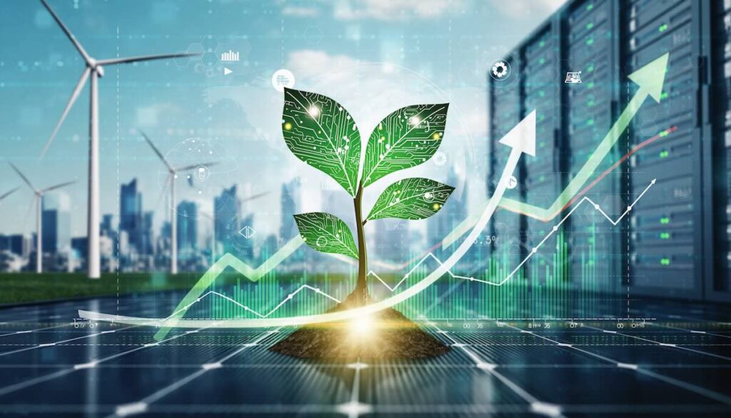 テクノロジーによる脱炭素と経済成長の両立を象徴する未来的な植物と都市のイメージ画像