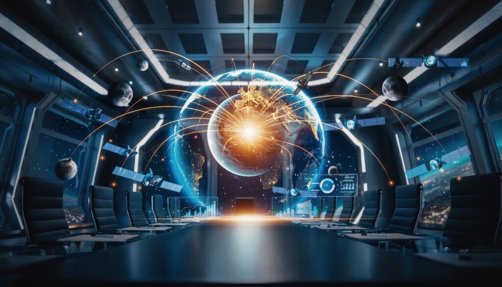 宇宙産業の拡大とお金の流れを象徴する地球と月を結ぶ経済圏のイメージ画像