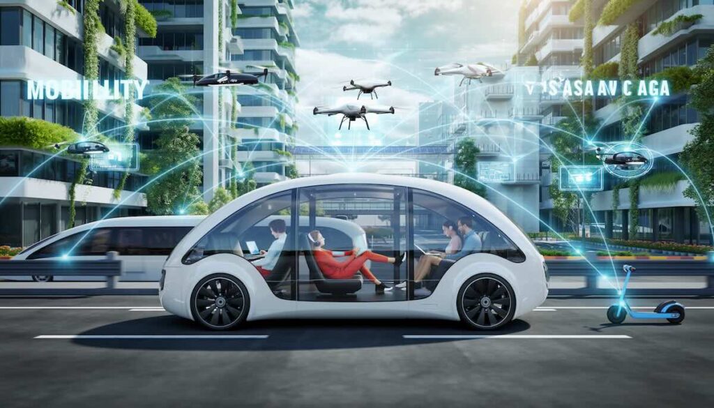 自動運転レベル4とMaaSによる移動のサービス化とスマートシティの未来を描いたイメージ画像