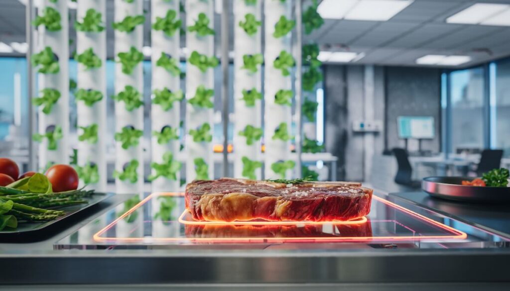 テクノロジーで食糧危機を解決する培養肉とフードテックの未来を象徴するイメージ画像