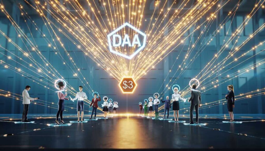 Web3.0時代の自律分散型組織（DAO）における新しい働き方とコラボレーションを象徴するネットワークのイメージ画像