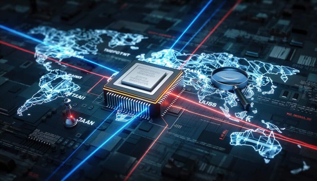 世界経済と地政学的な覇権争いの中心にある半導体チップと世界地図のイメージ画像