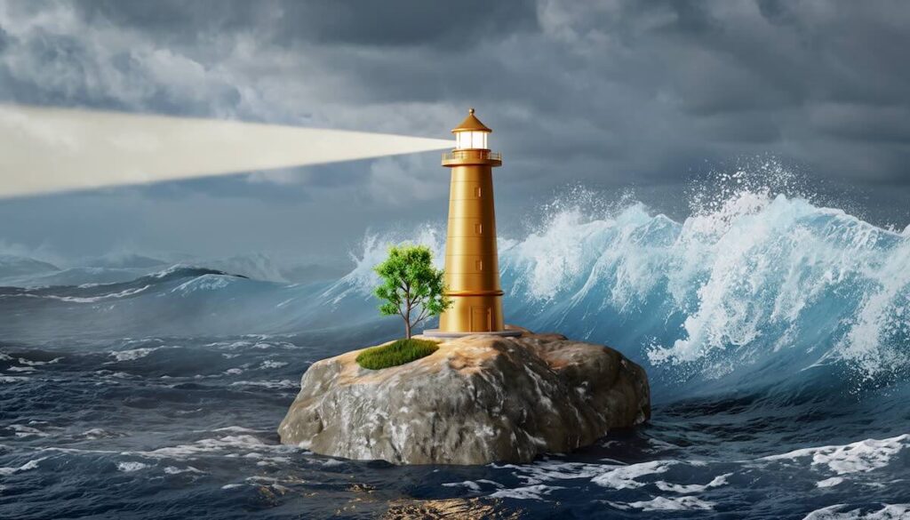 市場の暴落や変動に動じない投資家の強いメンタルと長期的な資産成長を象徴する灯台のイメージ画像