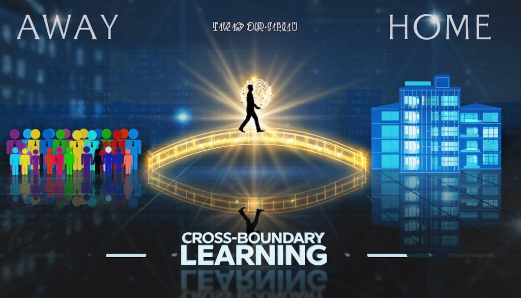 【2026年版】越境学習:ナレッジブローカーになる本5選 企業と社外コミュニティを行き来し知識を持ち帰る越境学習とナレッジブローカーを象徴する架け橋のイメージ画像