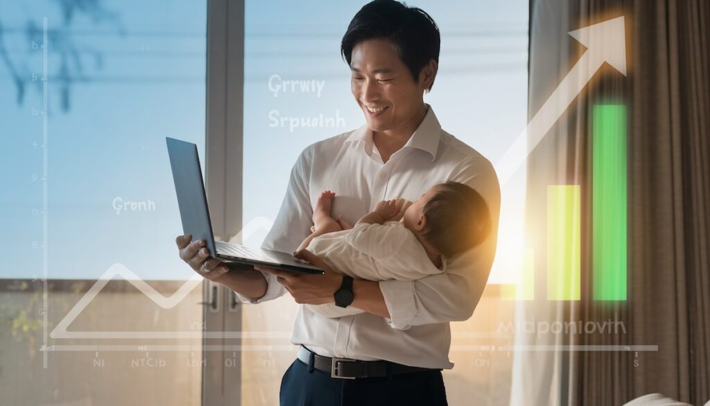 男性育休をキャリアの中断ではなくMBAのような成長機会に変えるパパのポジティブなイメージ画像