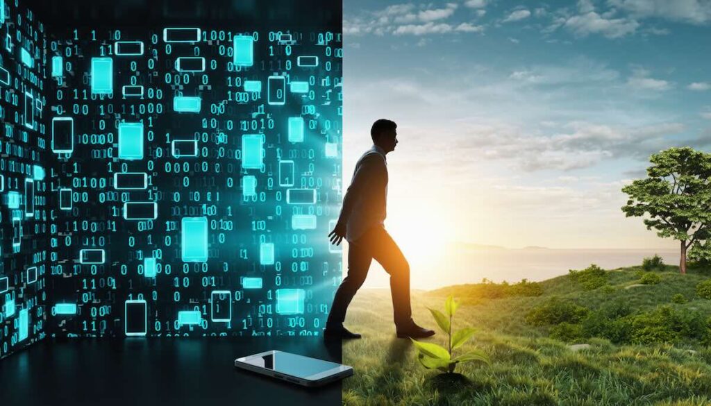 スマホ依存から脱却しデジタルデトックスによって心の平穏と深い思考を取り戻すイメージ画像