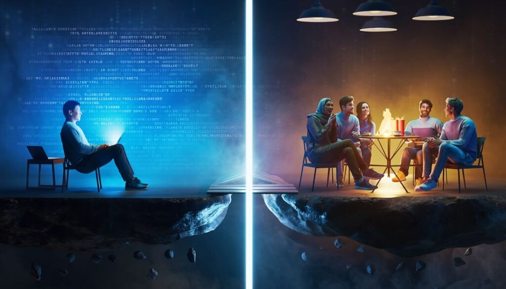 デジタル社会の孤独とリアルな人間関係やコミュニティの温かさを対比させたイメージ画像